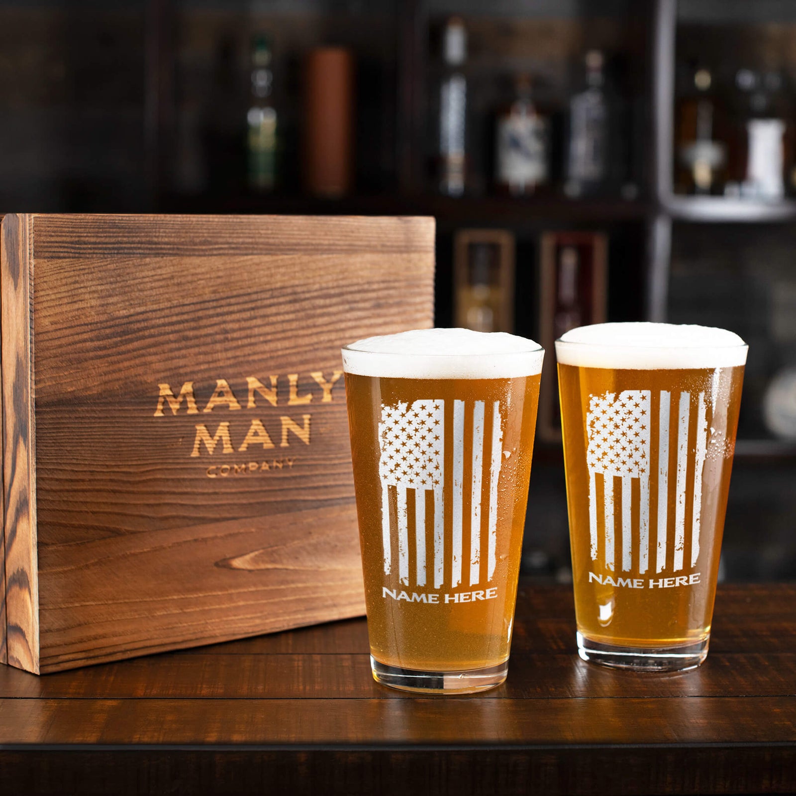A military-inspired gift spread with lasered patriotic designs on ammo cans and pints made for servicemen and veterans.