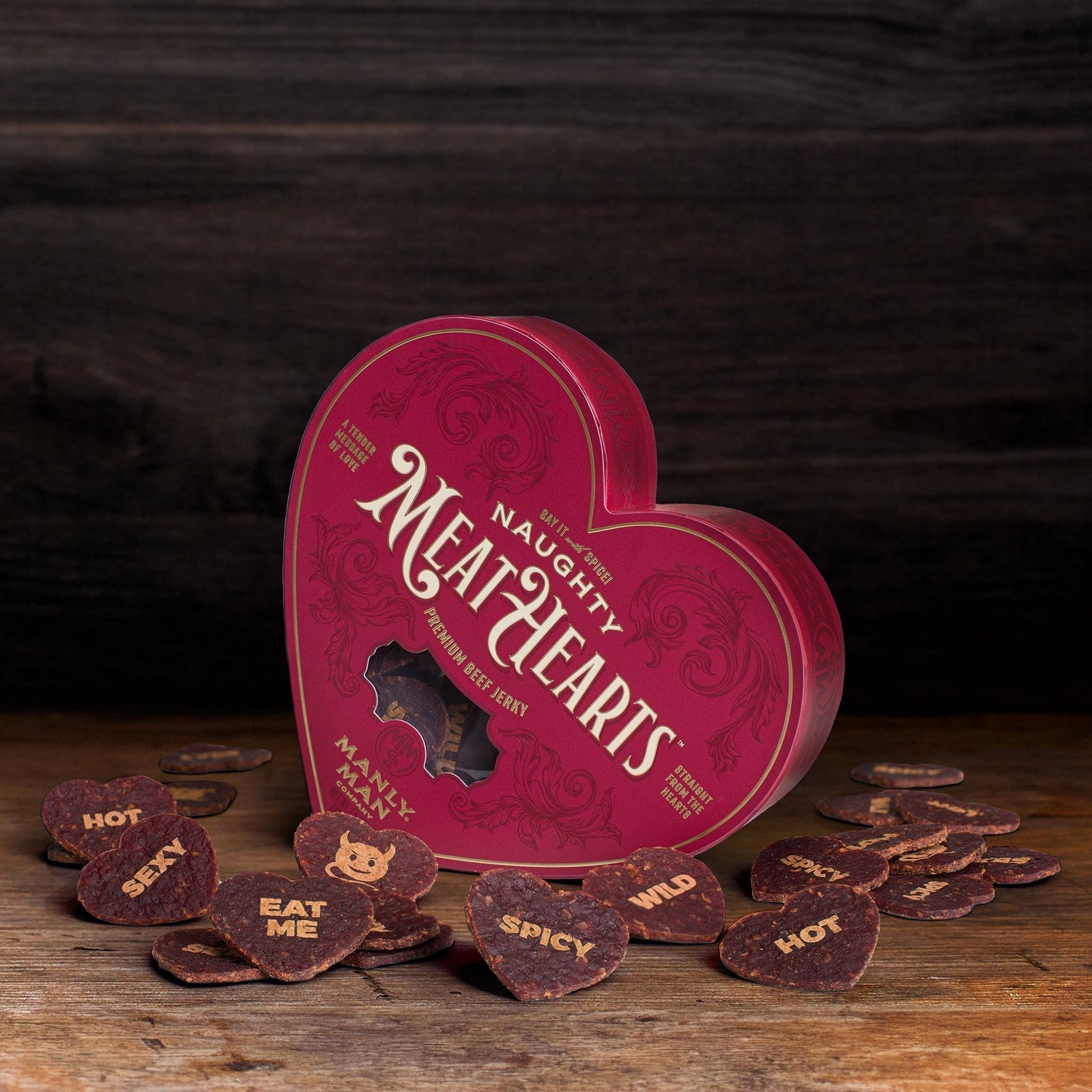 Naughty valentines gifts for men including beef jerky gifts in love heart shapes for men