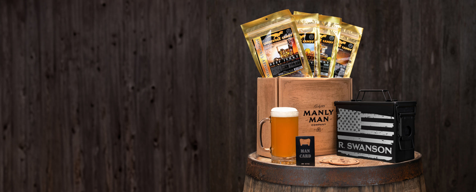 A bold lineup of American-made gifts including jerky bouquets, custom ammo cans, and masculine packaging—all stamped with red, white, and rugged.