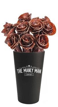 Beef Jerky Rose Bouquet in a special edition black Manly Man stainless steel pint glass.