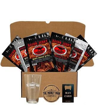 Bacon and beer gift set comes with different kinds of bacon jerky, a coaster, a bottle opener and a pint glass. 