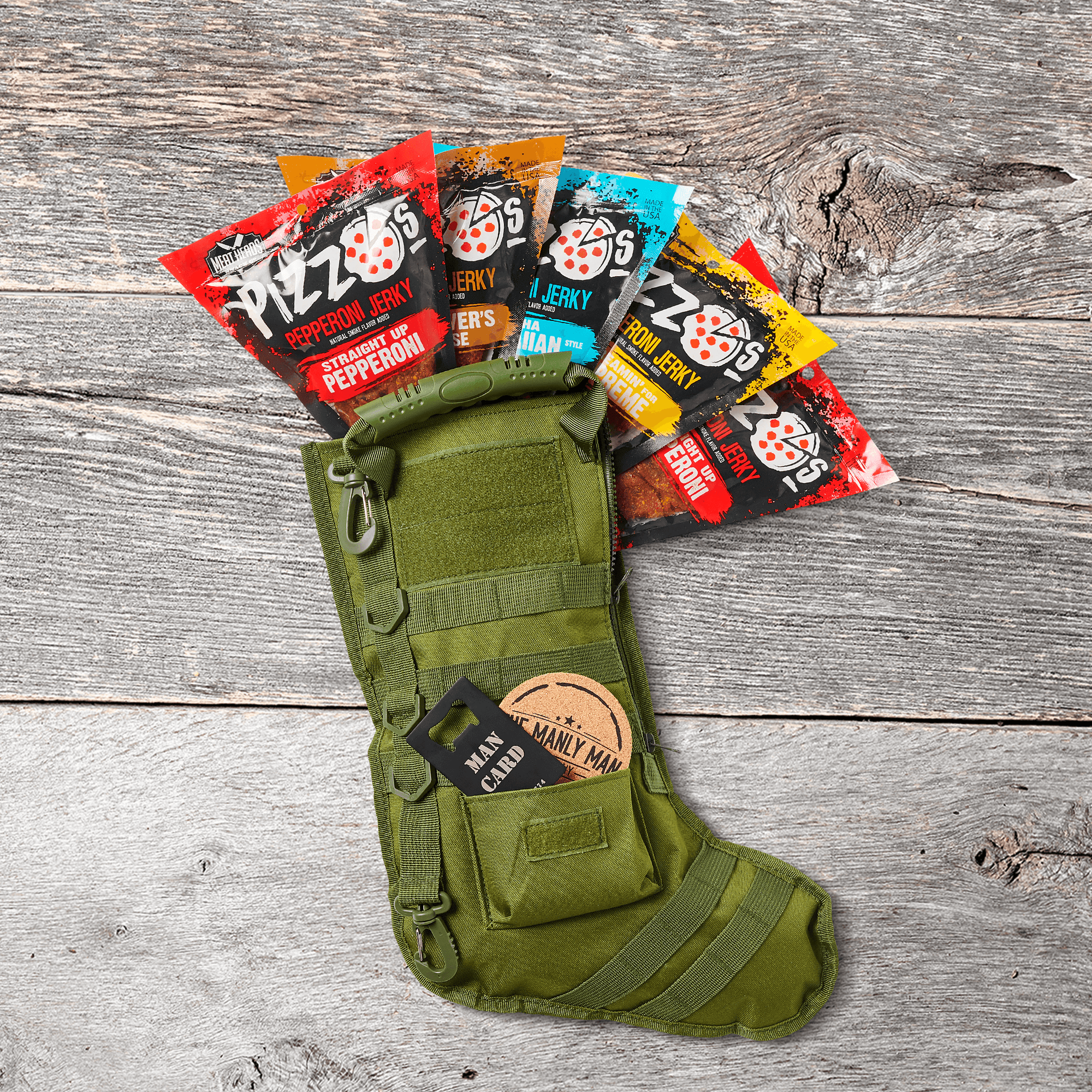Manly Christmas stocking filled with pizza jerky and various stocking stuffers for men