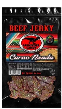 Carne asada beef jerky in a resealable bag.