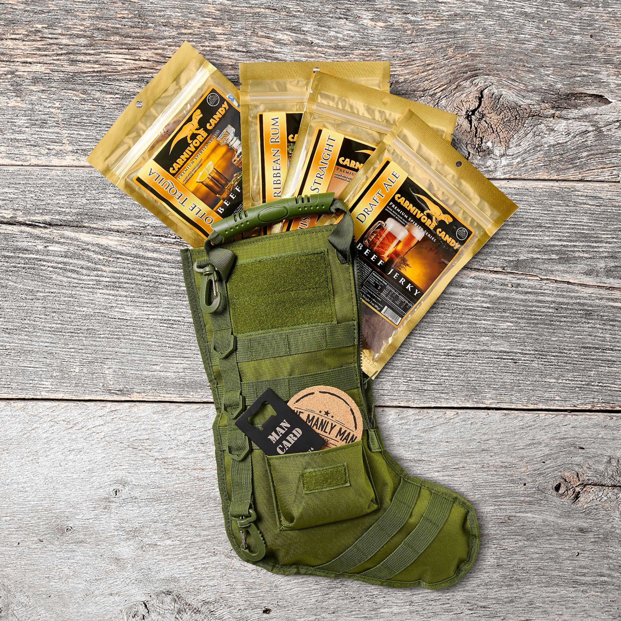 O.D. green MOLLE tactical Christmas stocking filled with alcohol-infused jerky