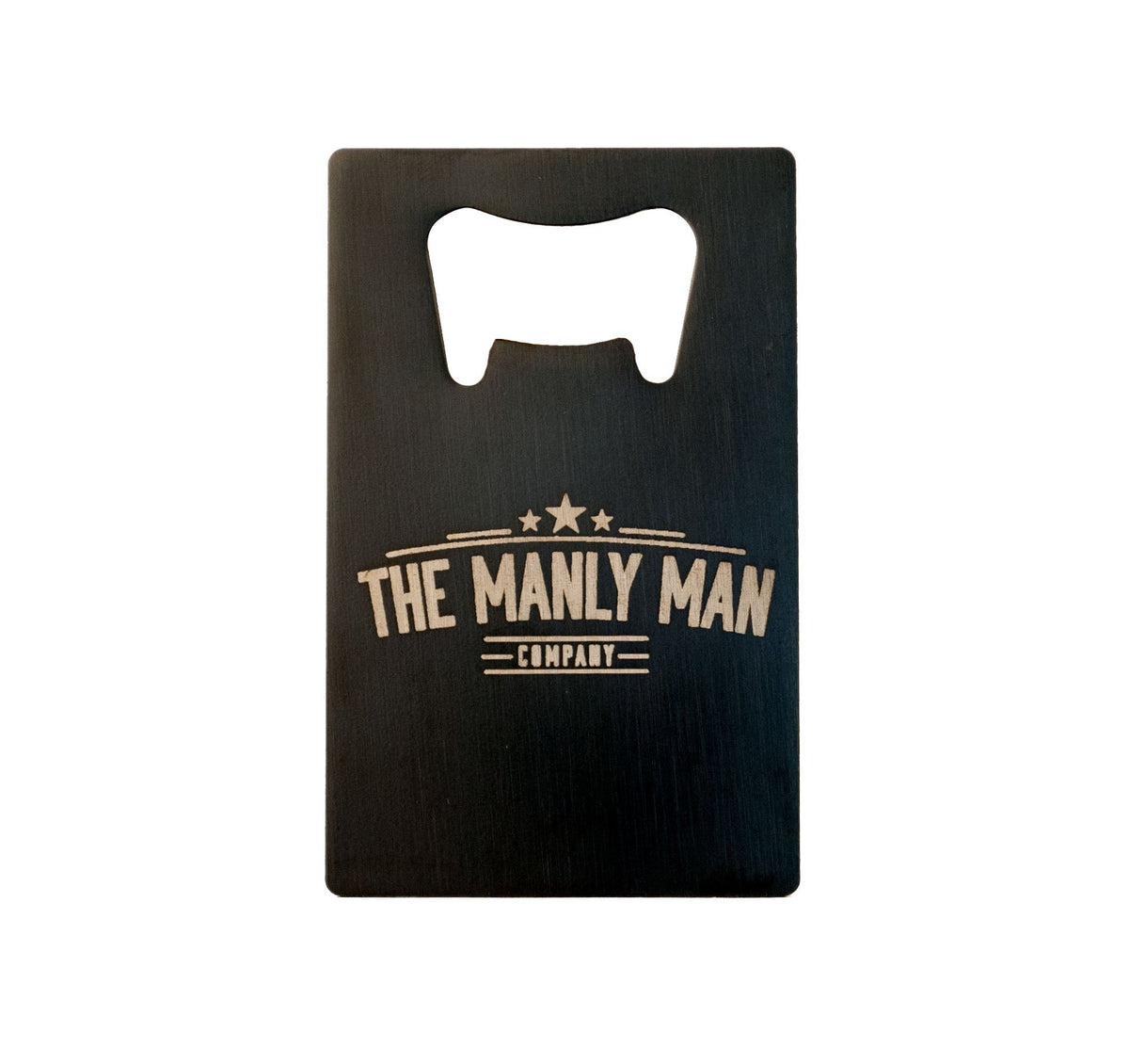 Back of MAN CARD bottle opener with Manly Man Co. logo, on white background