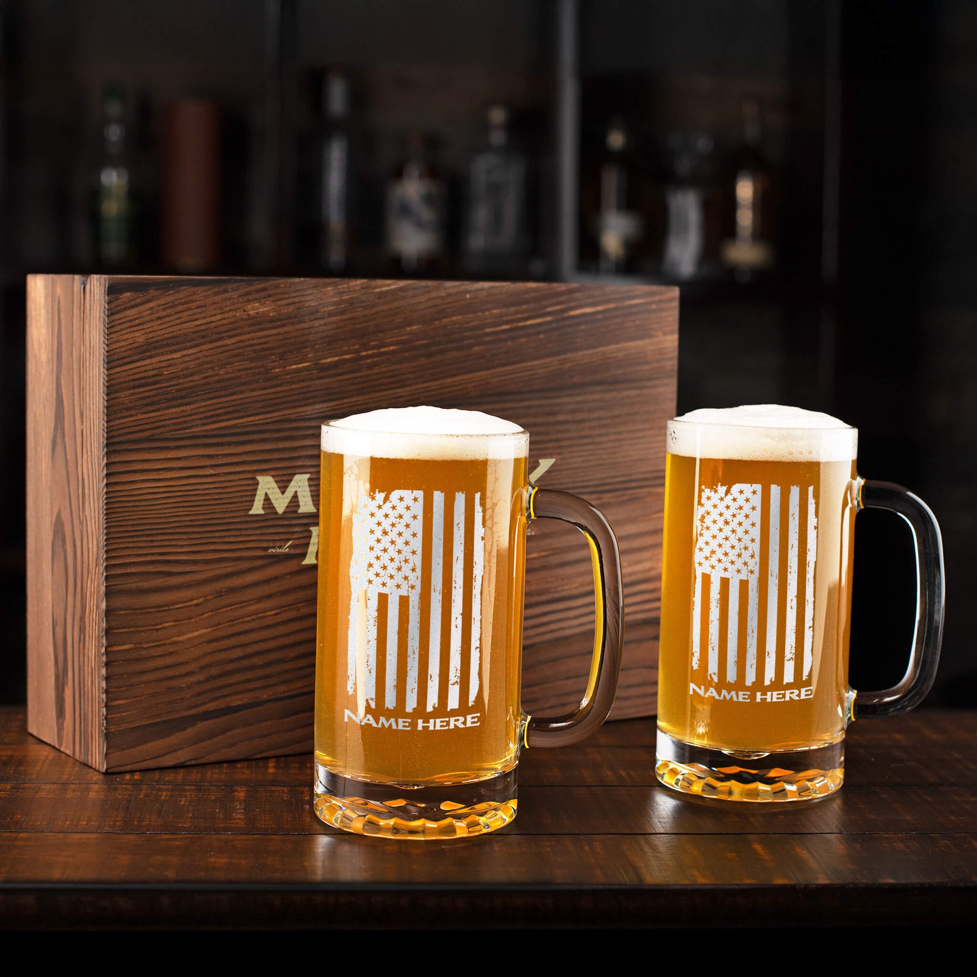 Custom beer glasses including engraved beer can glasses, personalized pint glasses, and heavy-duty beer mugs perfect for men who take their brews—and their barware—seriously.