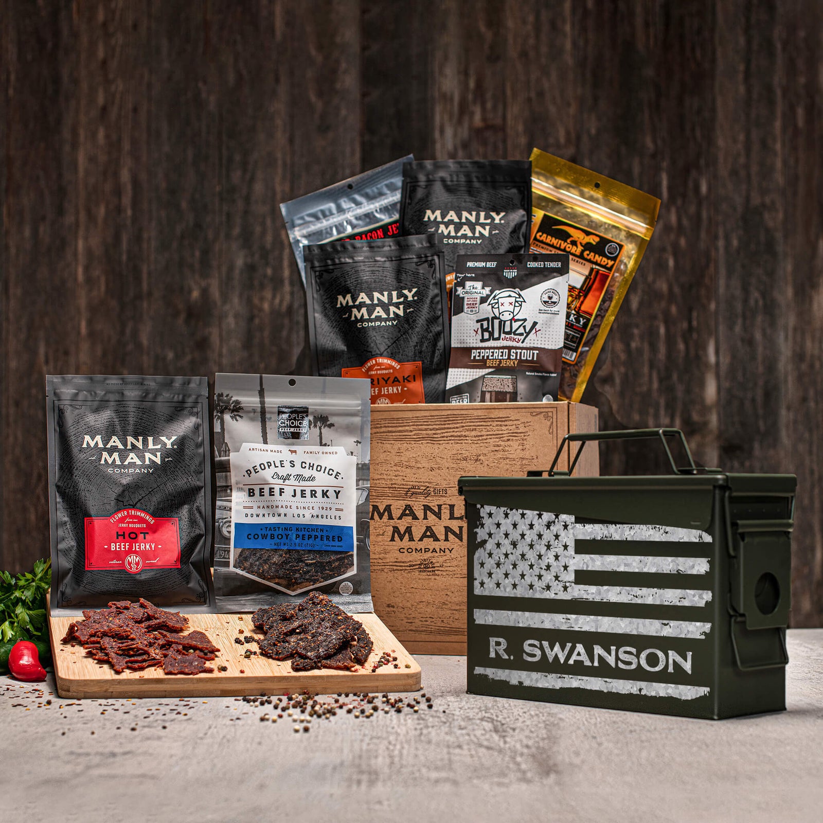 Unique gift delivery ideas for men, featuring snack-packed ammo cans, personalized gear, and rugged gift baskets from Manly Man Co.