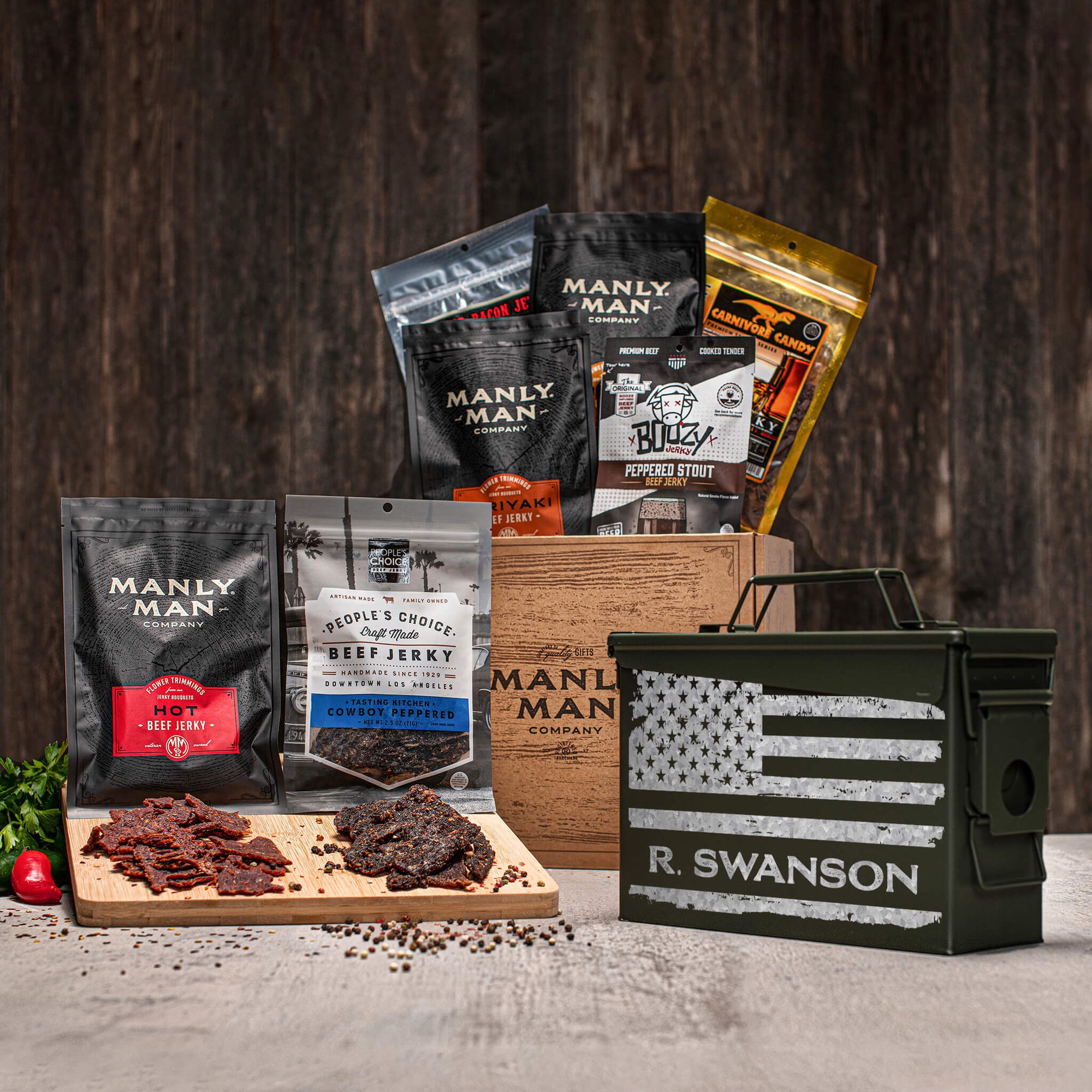Unique gift delivery ideas for men, featuring snack-packed ammo cans, personalized gear, and rugged gift baskets from Manly Man Co.