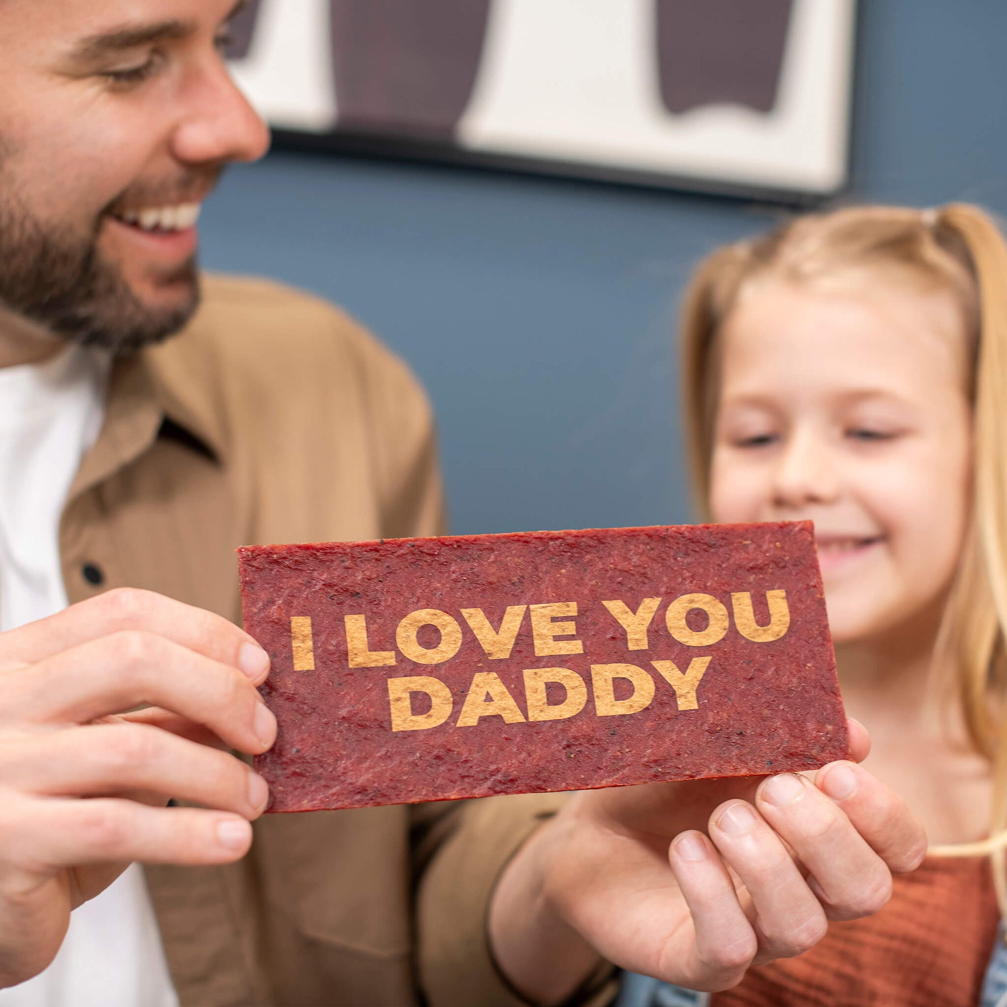 Custom-engraved Meat Card made from beef jerky, a bold and edible Father’s Day card Dad will actually enjoy.
