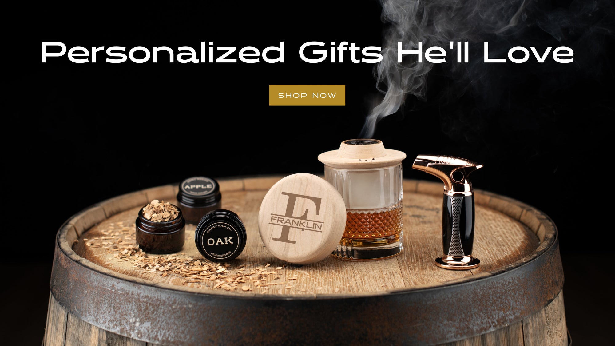 A personalized cocktail smoker set styled for a bold and memorable anniversary gift.