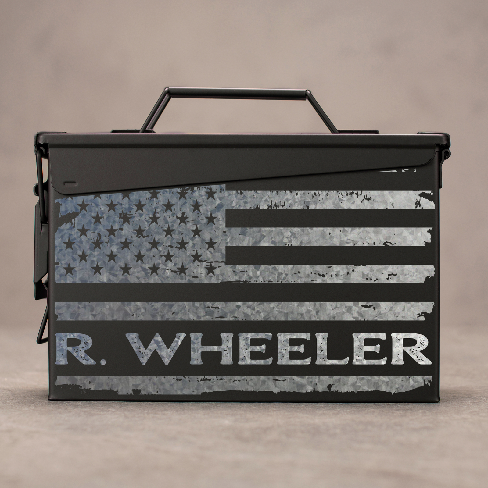 Custom metal ammo can with rugged flag design, perfect gift for a gunsmith.