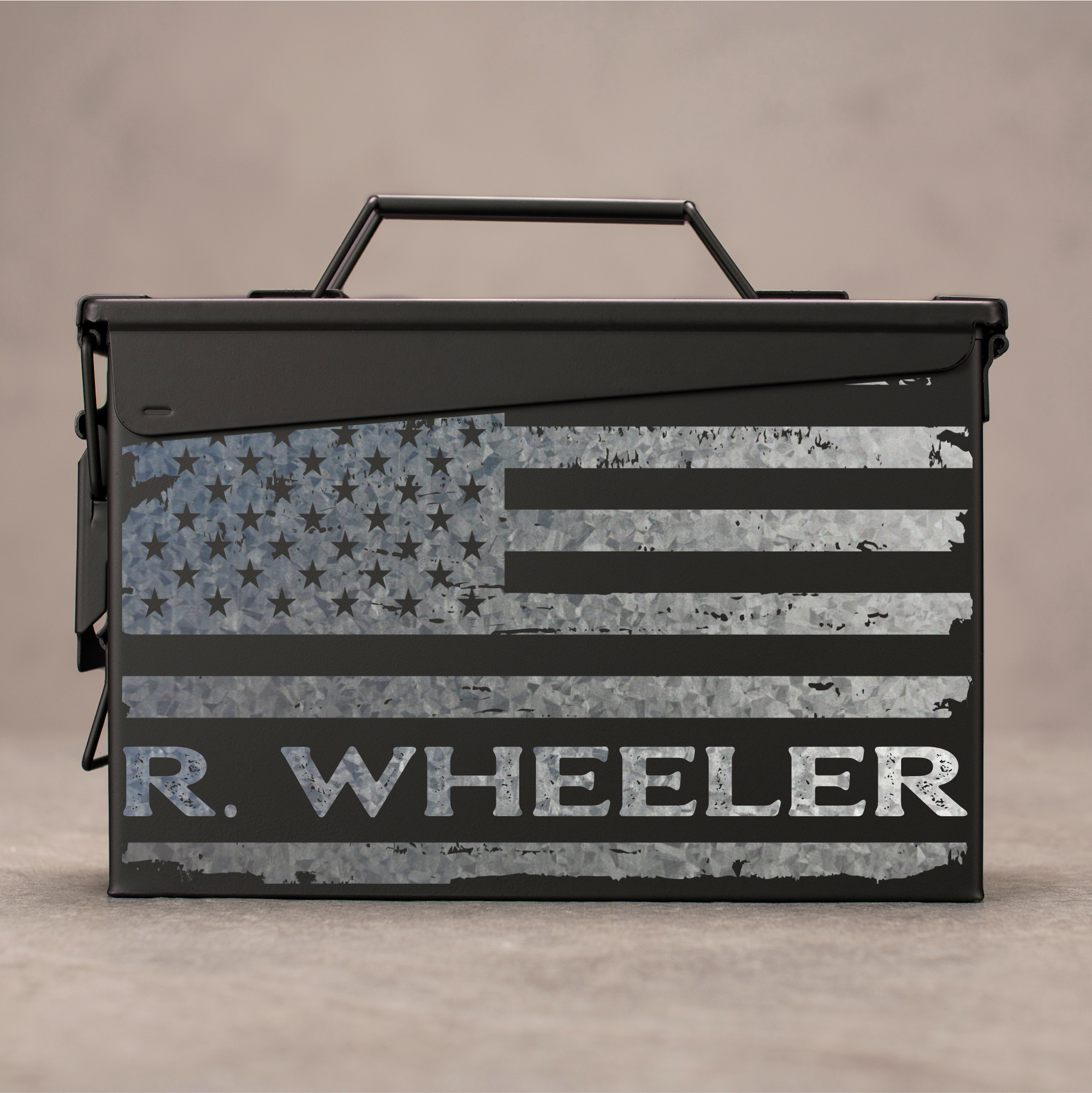 Custom metal ammo can with rugged flag design, perfect gift for a gunsmith.