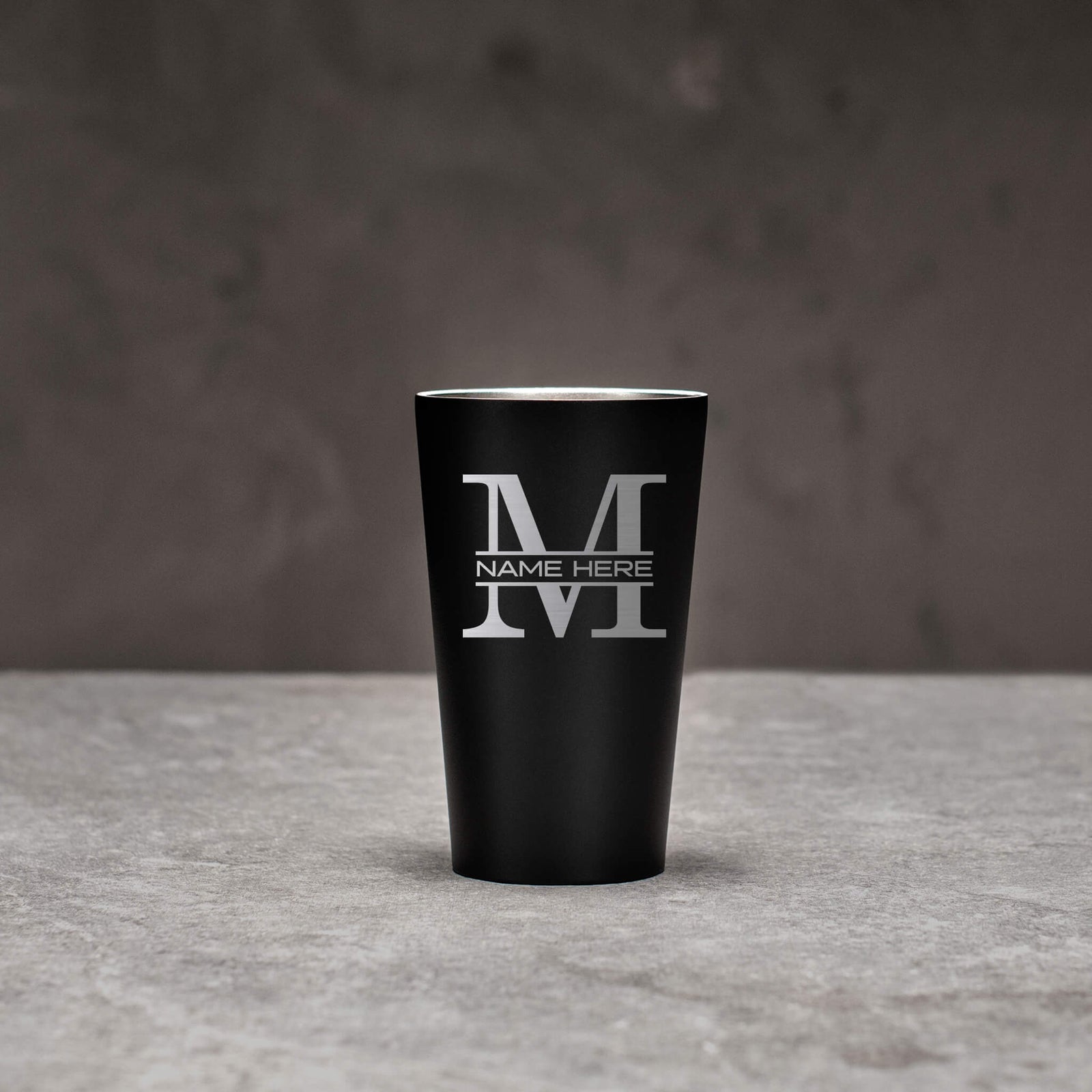 Black Steel Pint Glass with engraved initial – great gift idea for medical professionals.