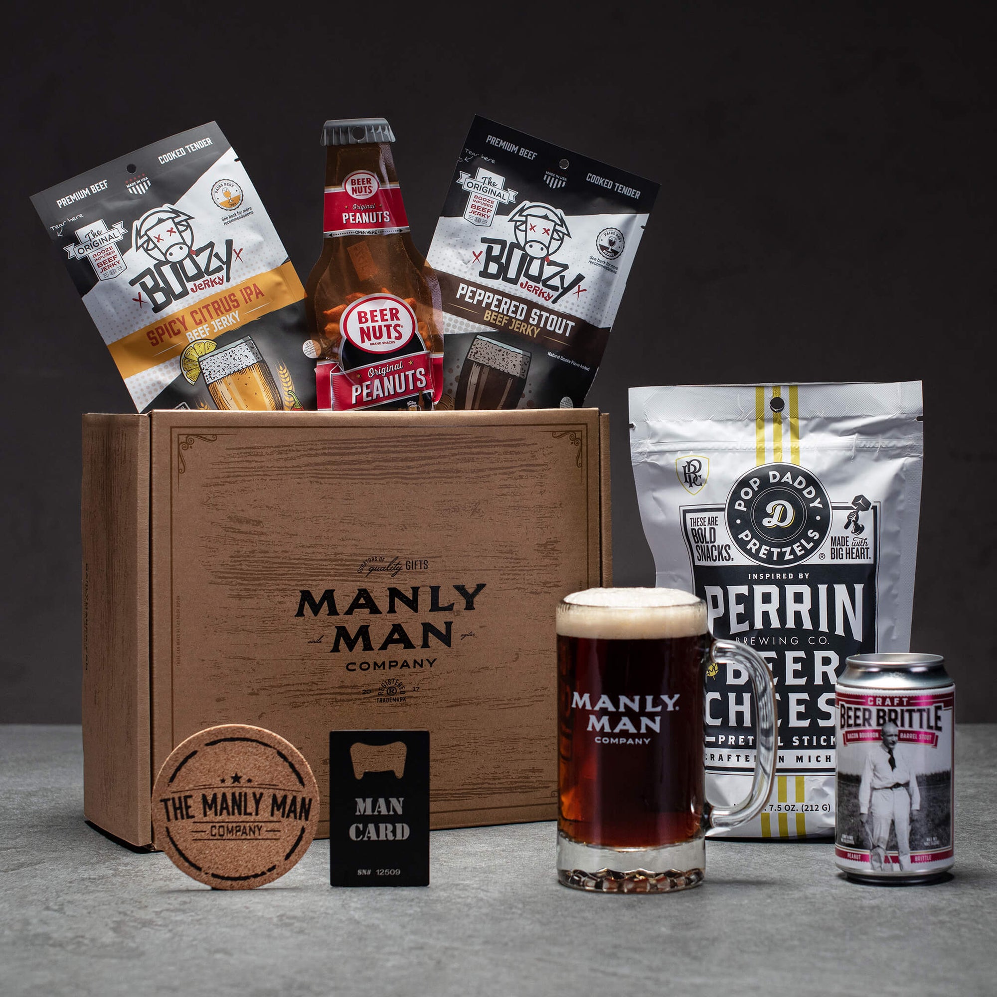 Game night gift basket ideas including beef jerky bouquets, bacon ammo cans, and snack-worthy meat gifts perfect for family or adult game nights.
