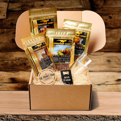 Alcohol-flavored jerky gift box sitting on table made from a log