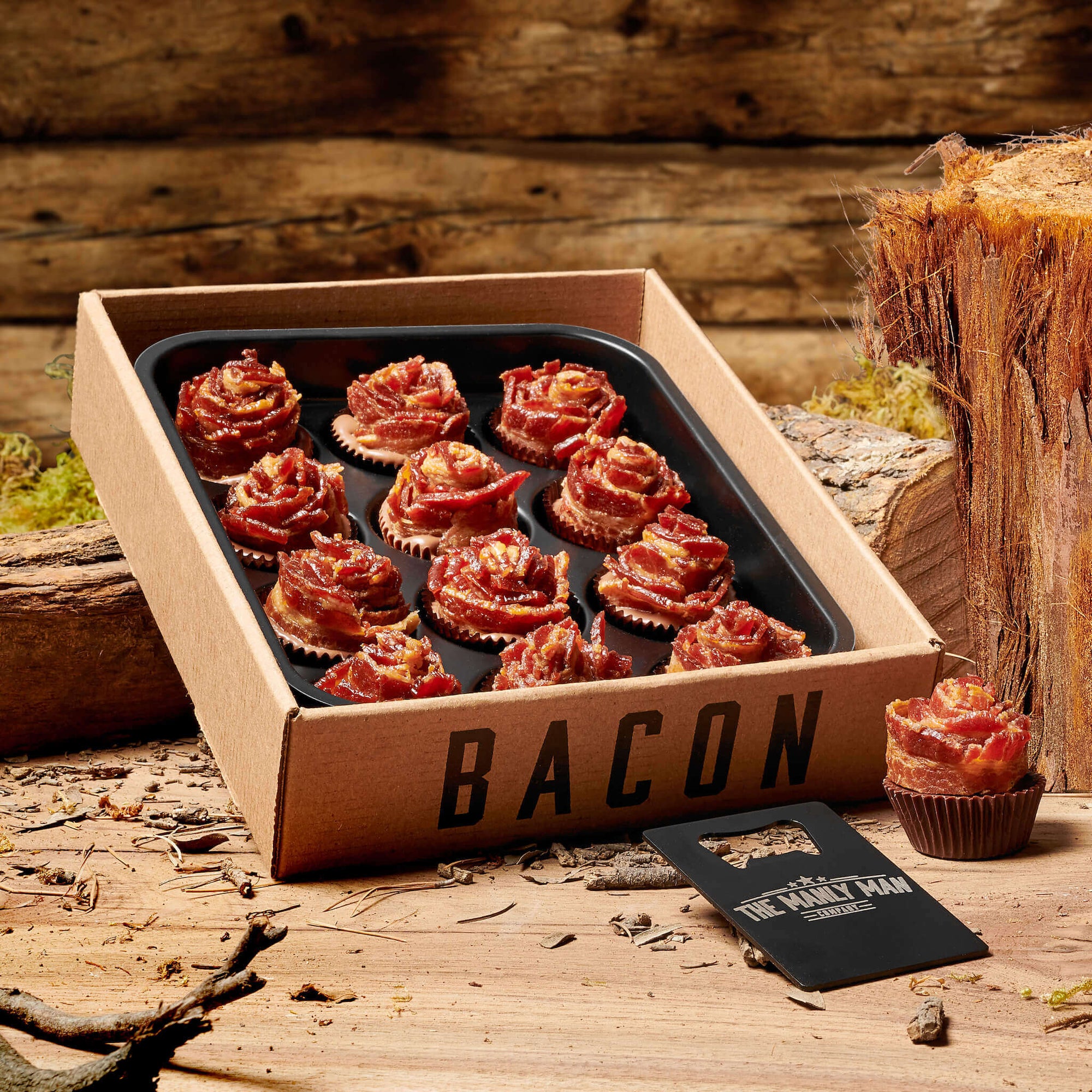 Bacon rose bouquet and Man Card bottle opener on outdoors background