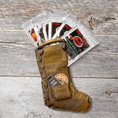 Bacon gift basket in tan tactical Christmas stocking