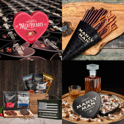 A collage showcasing Manly Man Company products: 'Naughty MeatHearts' red box, a bouquet of jerky sticks and bacon, a beef jerky gift set with a personalized ammo can, and a black heart-shaped box filled with whiskey caramels alongside a glass decanter.