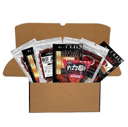 Jerky gift sets with variety of jerky meats and flavors.