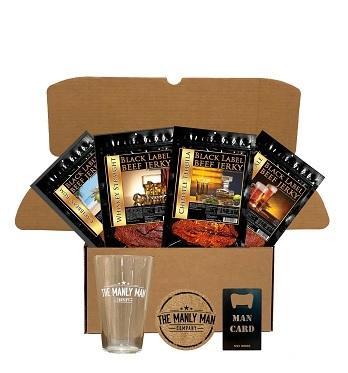 Booze infused jerky gift set comes with varietry of beef jerky,pint glass,coaster and bootle opener.