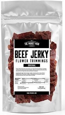 7oz. of beef jerky in a resealable bag.
