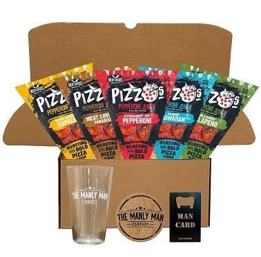 Pizzo Pepperoni Jerky, a pint glass, a bottle opener and a coaster in one gift box.