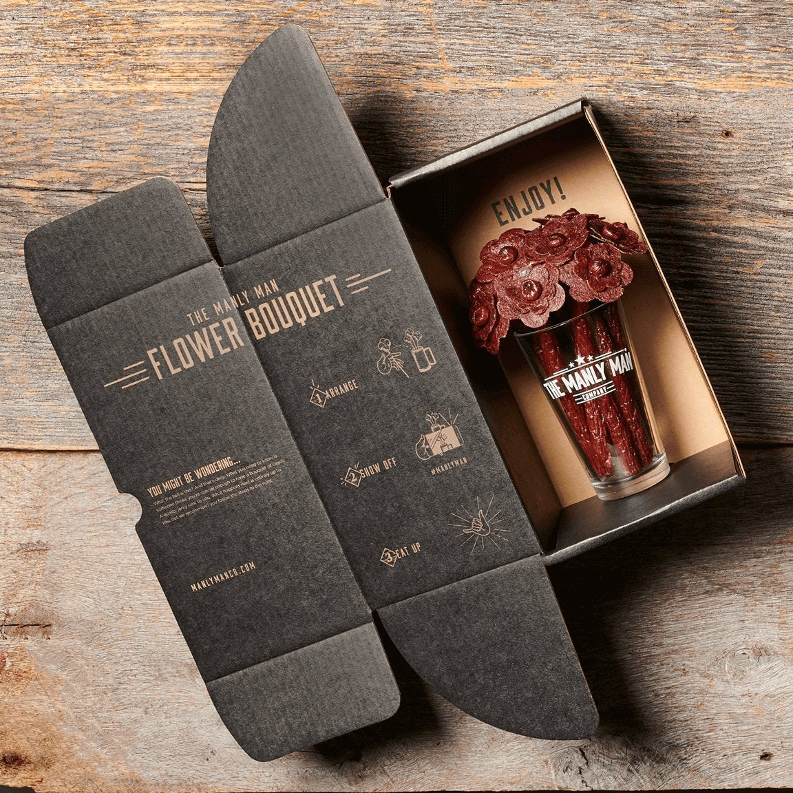  Beef Jerky Flower Bouquet sitting in an opened Manly Man Co-branded box as a gift for sons