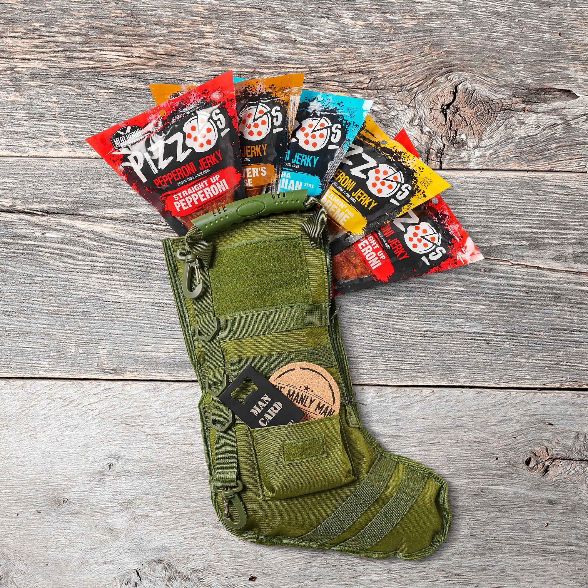 OG Green Tactical Christmas Stocking filled with Pizzos pizza jerky