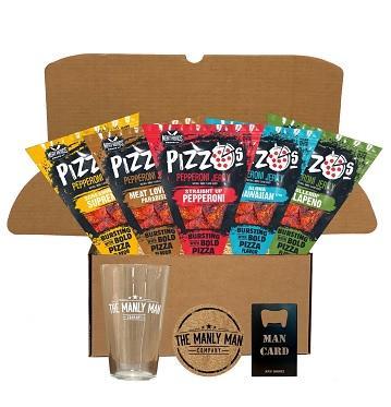 Pizza & Beer Gift Set comes with different kinds of Pizzo Pepperoni Jerky, a pint glass, a bottle opener and a coaster.