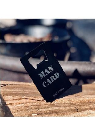 MAN CARD beer bottle opener features The Manly Man Company® logo.