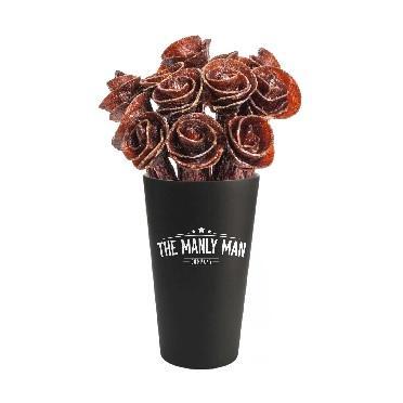 Beef Jerky Rose Bouquet in a special edition black Manly Man stainless steel pint glass.