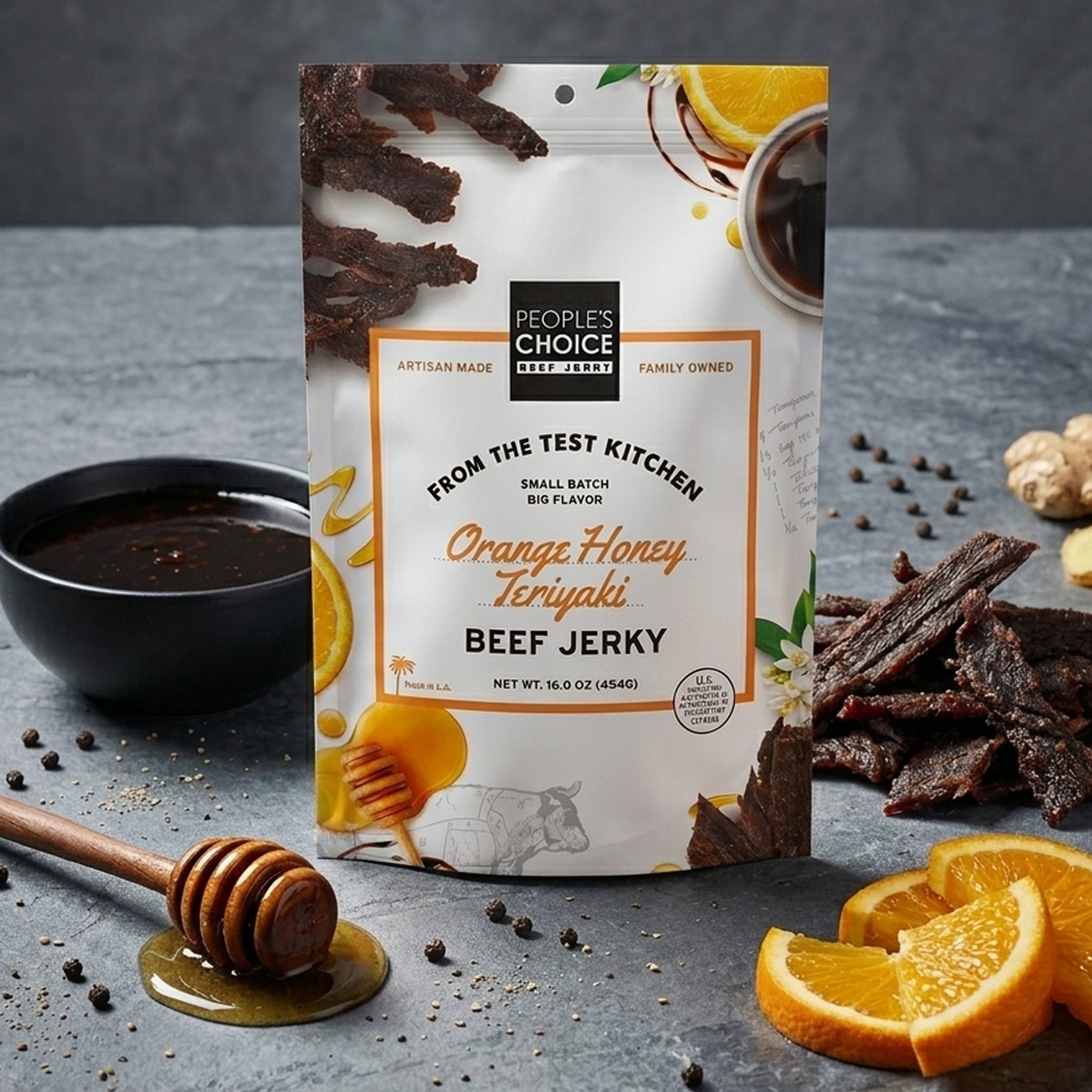 olive皮ジャーキー300g✖︎2細切ジャーキー✖︎4ふりかけ粗め200✖︎2 Orange Honey Teriyaki Beef Jerky - Manly Man Co.