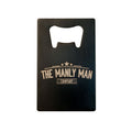 Back of MAN CARD bottle opener with Manly Man Co. logo, on white background