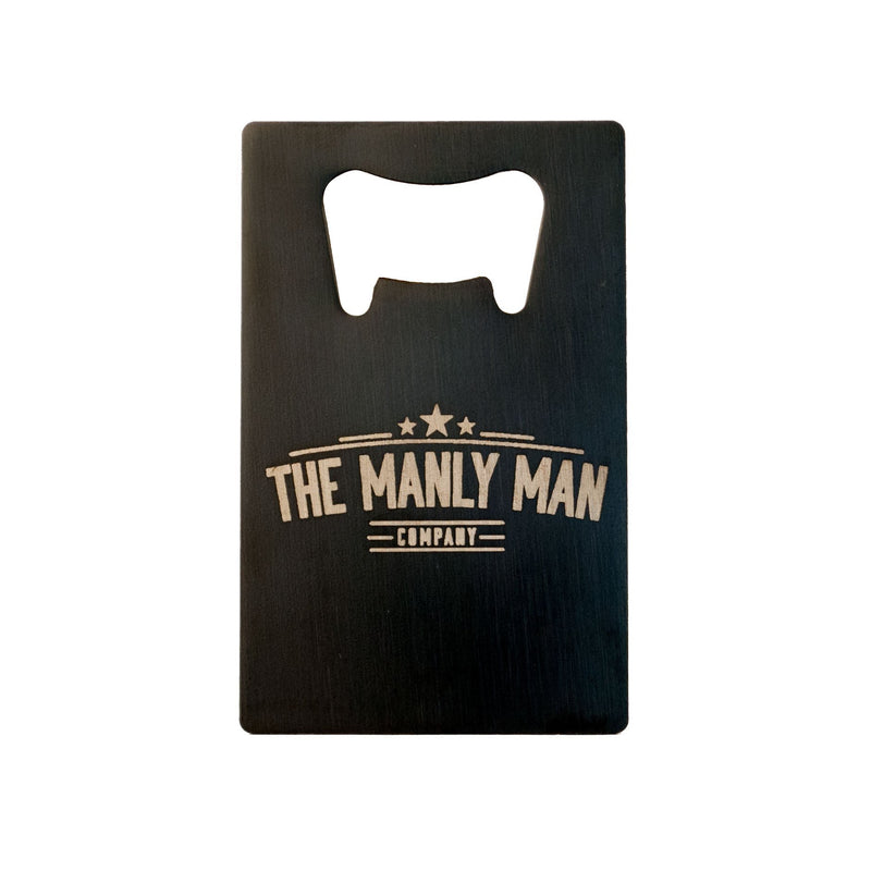 Back of MAN CARD bottle opener with Manly Man Co. logo, on white background