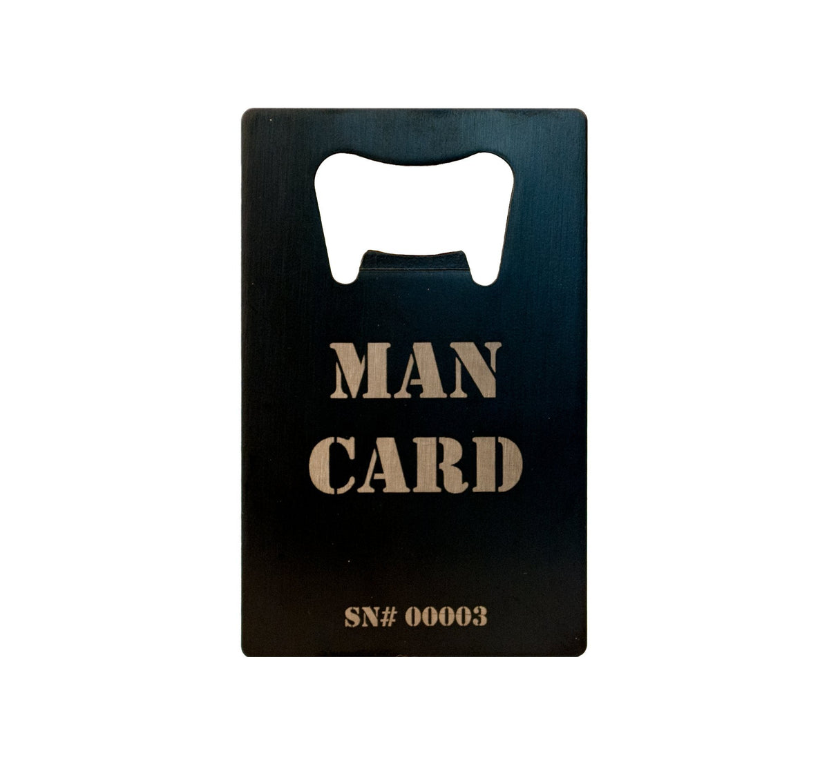 Front of MAN CARD bottle opener with &quot;Man Card&quot; label &amp; serial number, on white background