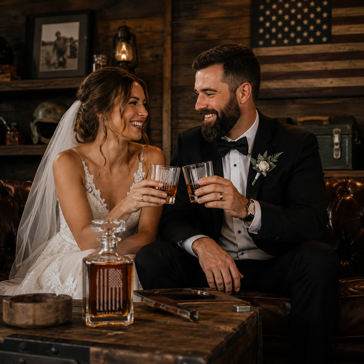Bride and groom celebrating their wedding anniversary with whiskey glasses
